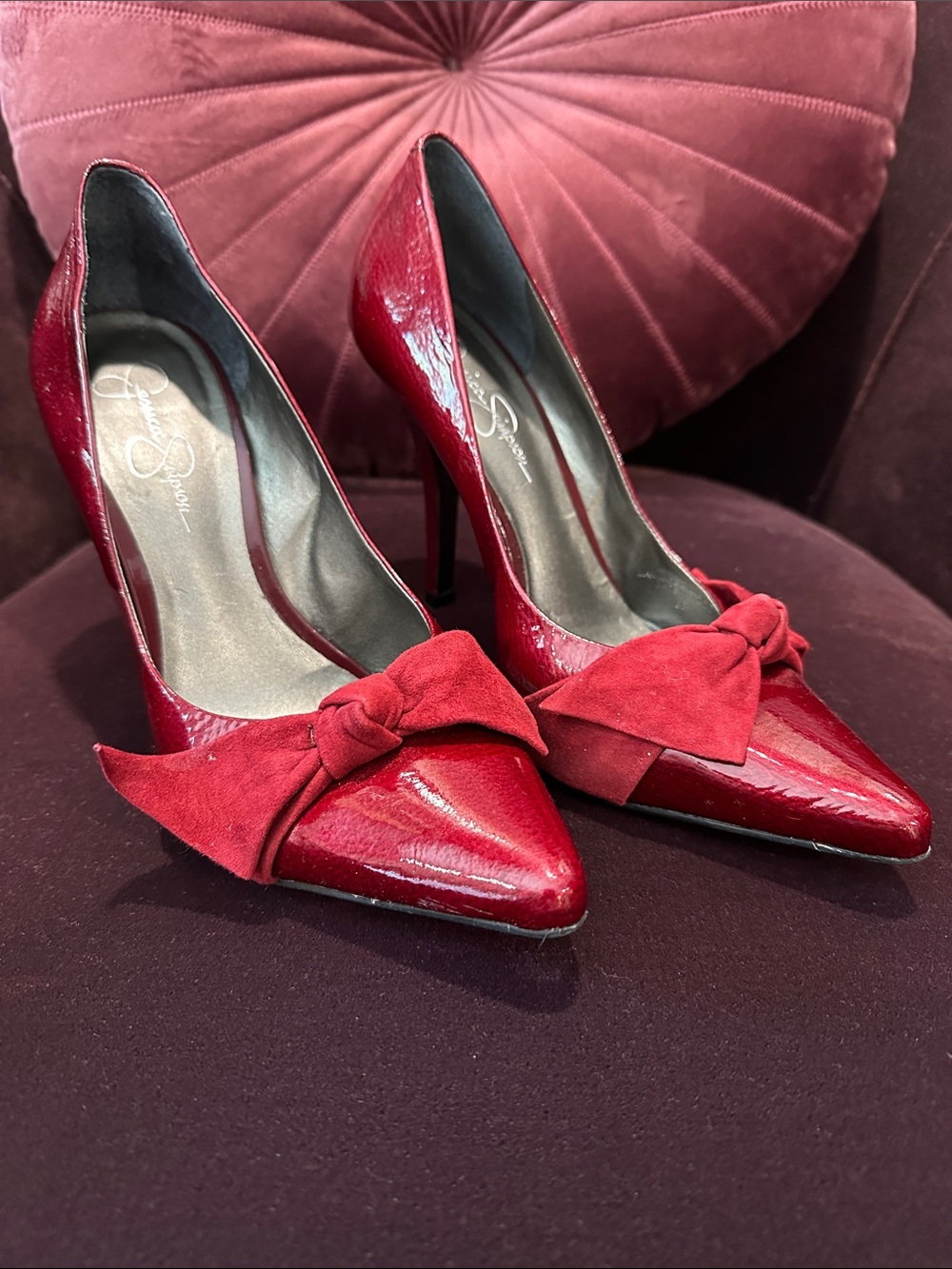 Jessica Simpson Red Patent Pointed-Toe Bow Stiletto Pumps